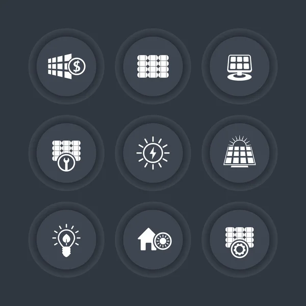 Zonne-energie, zonnepanelen, alternatieve energetics, ronde donkere pictogram — Stockvector