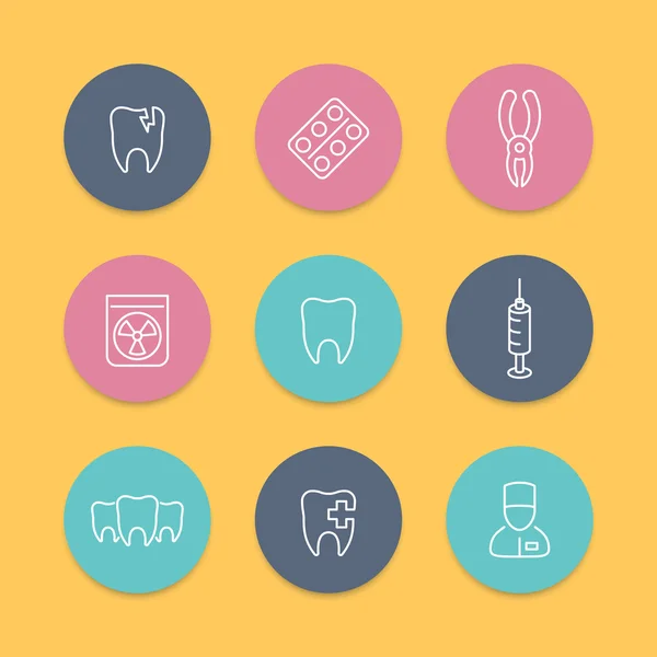 Diente, cuidado dental, alicates dentales, cuidado dental, estomatología, iconos redondos de línea — Vector de stock