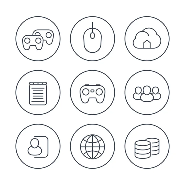 Jeux vidéo, coopérative, multijoueur, jeux, icônes de ligne en cercles — Image vectorielle