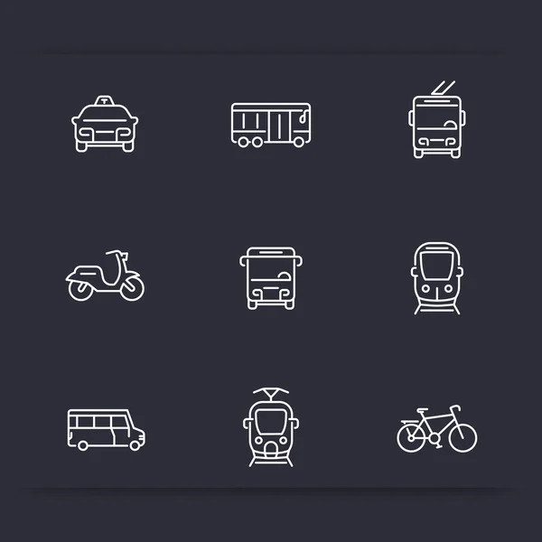 Transporte urbano, tranvía, tren, autobús, bicicleta, taxi, trolebús, iconos lineales — Archivo Imágenes Vectoriales