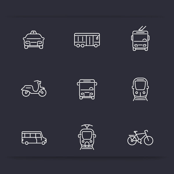City transport, tram, train, bus, bike, taxi, trolleybus, linear icons
