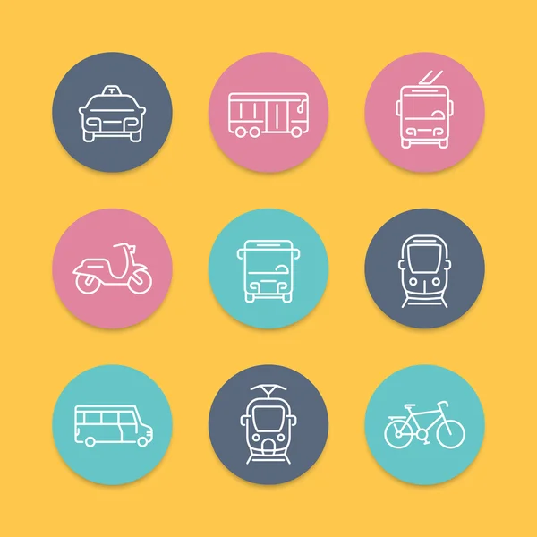 Stadsvervoer, tram, trein, bus, fiets, taxi, trolleybus, lineaire ronde gekleurde pictogrammen — Stockvector