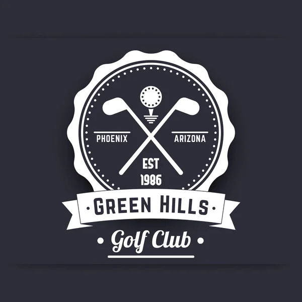 Club de golf vintage logo blanco, emblema, signo, cruzado palos de golf y pelota — Vector de stock