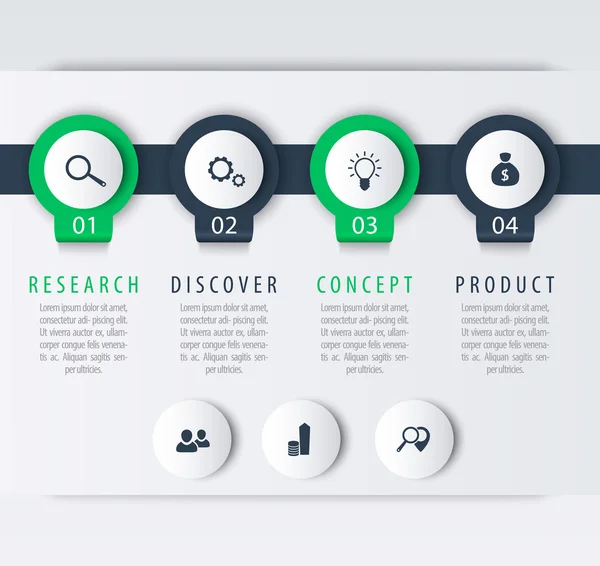 Desarrollo de productos, elementos infográficos, 1, 2, 3, 4, pasos, línea de tiempo, etiquetas, en verde y azul — Archivo Imágenes Vectoriales