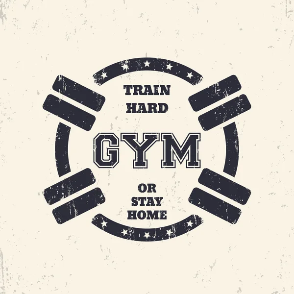 Round Grunge Gym T-Shirt Design, Print mit Langhanteln — Stockvektor