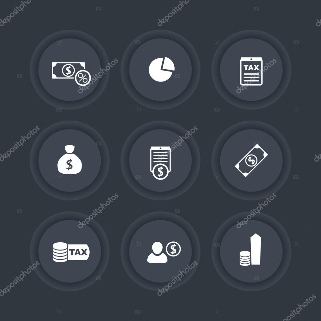 Tax, finance, payroll round dark icons, vector illustration