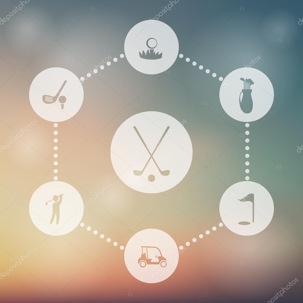 Golf, golf club, golf car, golfer, golf bag, round transparent icons, vector illustration