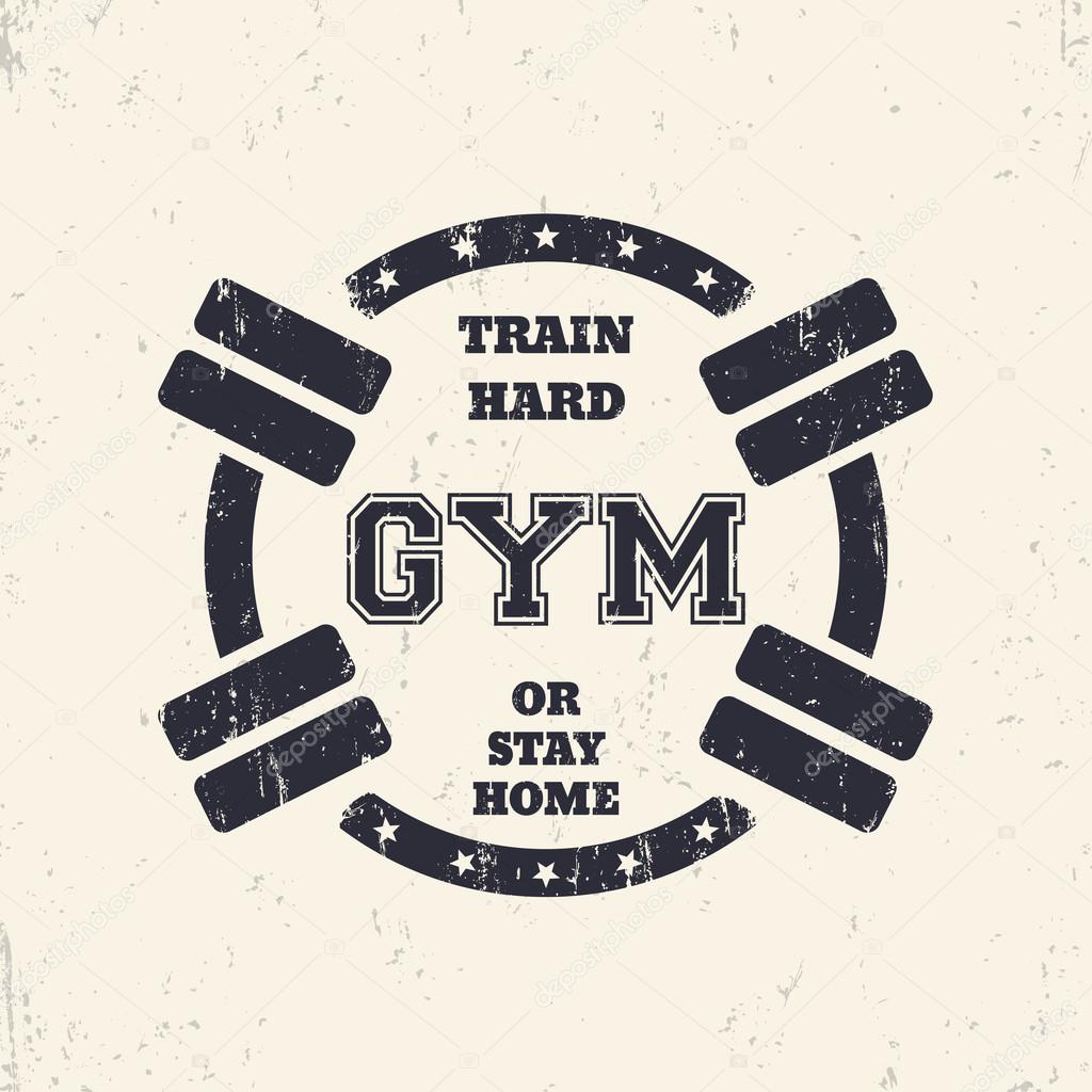 Round grunge gym t-shirt design, print with barbells, vector illustration