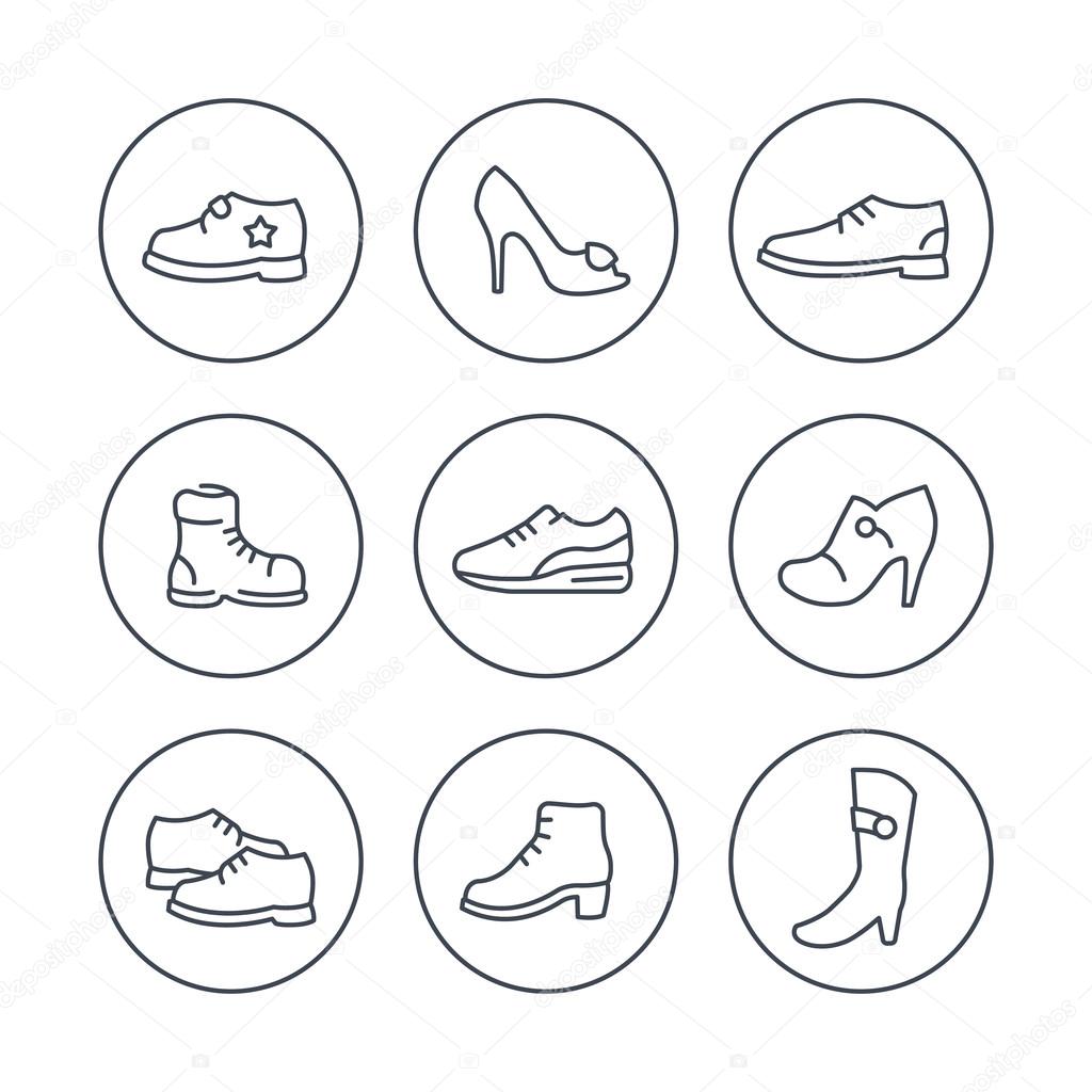 Shoes, heels, women shoes, boots, trainers, child shoes line icons in circle
