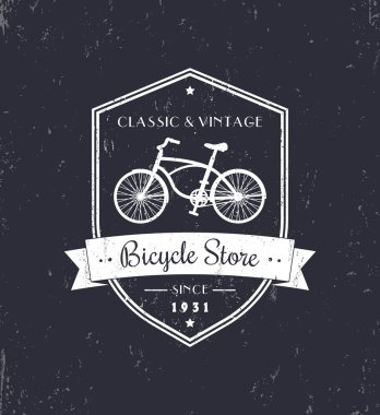 Bicycle store, vintage grunge design, white on dark, vector illustration