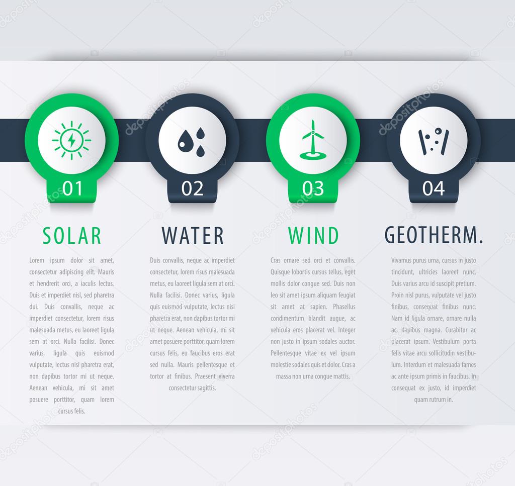 Alternative energy solutions, solar, wind energetics, infographic elements, timeline, vector illustration