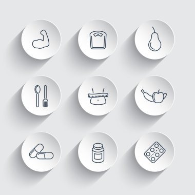 Diet, nutrition line icons on round 3d shapes