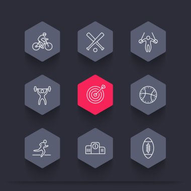 different kind of sports, line hexagon icons, cycling, gymnastic, archery, football