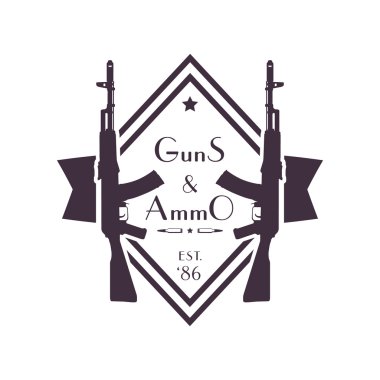 guns and ammo, vintage logo, sign, badge with automatic rifles
