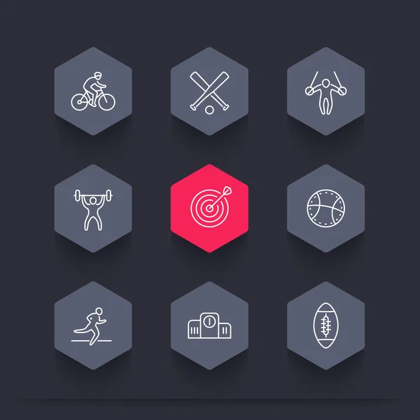 Different kind of sports, line hexagon icons, cycling, gymnastic, archery, football — Stock vektor