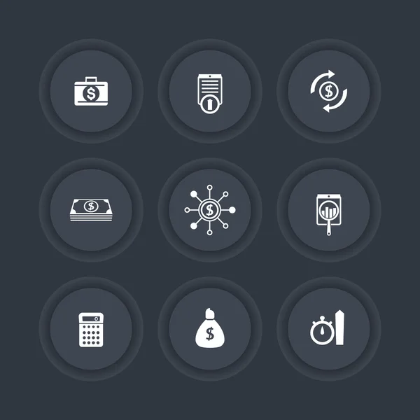 Finance, investments, capital dark round icons set — Stockvector