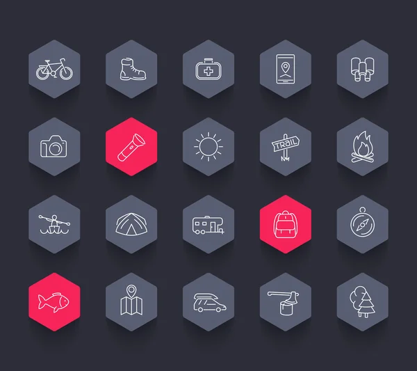 Hiking, camping, trekking, adventure, trip line hexagon icons — ストックベクタ