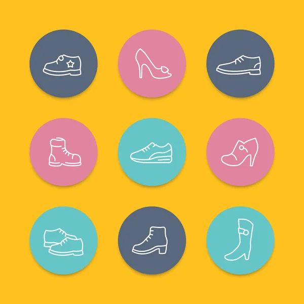 Shoes, heels, women shoes, boots, trainers, child shoes line round flat icons — Stock Vector