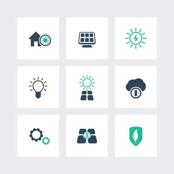 Solar energy, green and blue icons set — Wektor stockowy