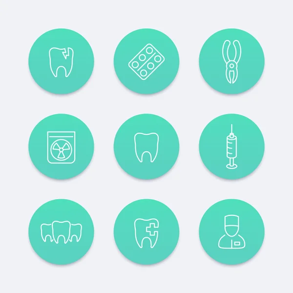 Tand, tandheelkundige zorg, tandheelkundige Tang, toothcare, stomatologie, lijn Aquamarijn pictogrammen — Stockvector