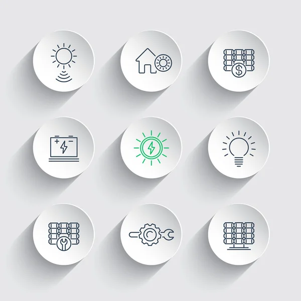 Solar energy, solar power, panels, line icons on round 3d shapes — Stock Illustration Solar energy, solar power, panels, line icons on round 3d shapes Stock Illustration
