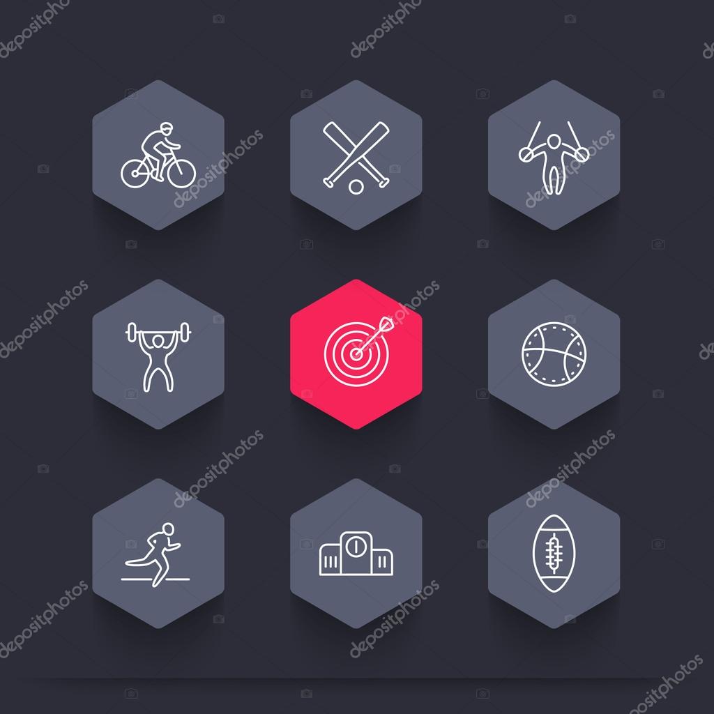 Different kind of sports, line hexagon icons, cycling, gymnastic, archery, football, vector illustration
