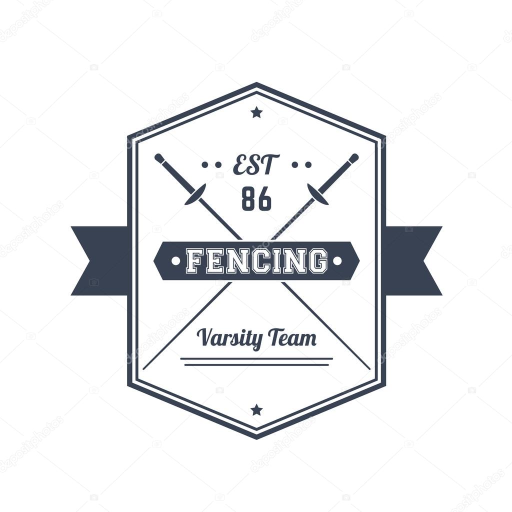 Fencing team vintage emblem, logo, badge, sign with crossed foils, over white