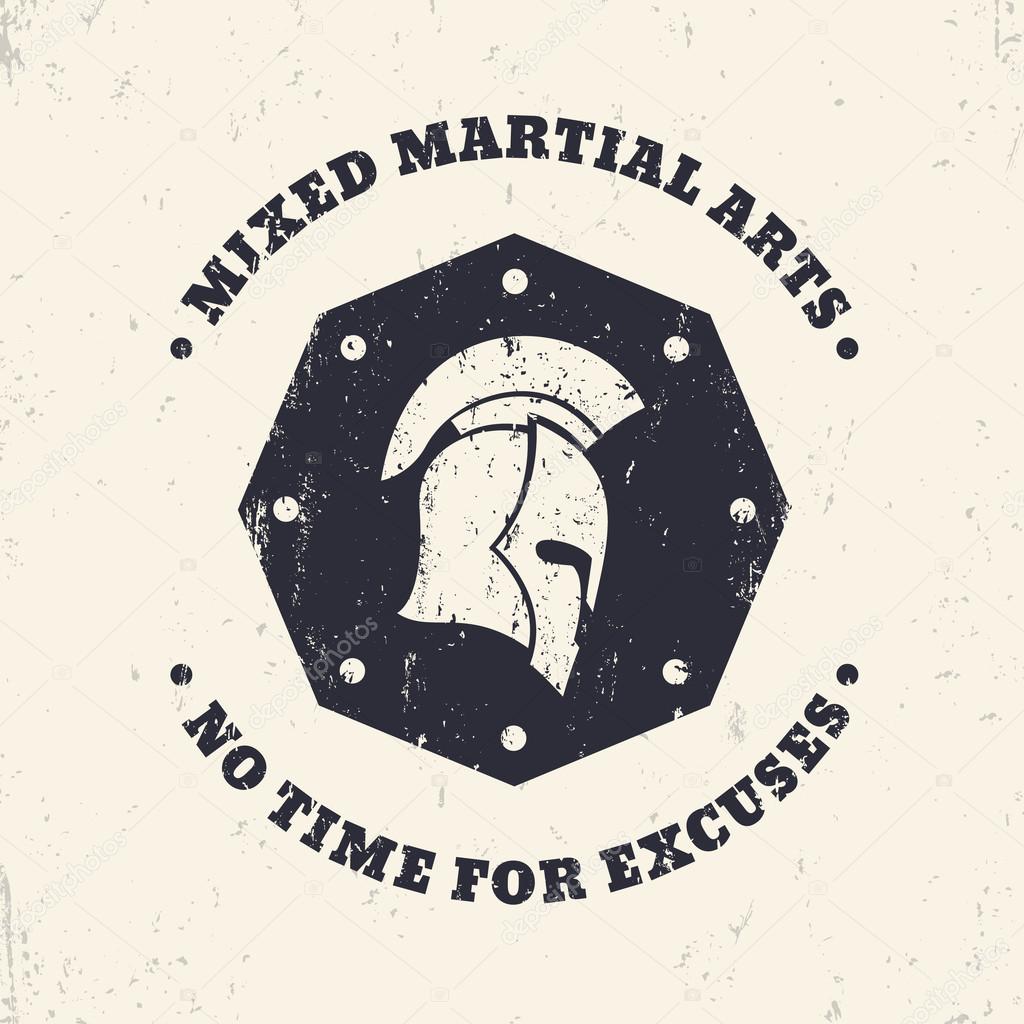 MMA, mixed martial arts grunge vintage octagon emblem, sign with spartan helmet, vector illustration