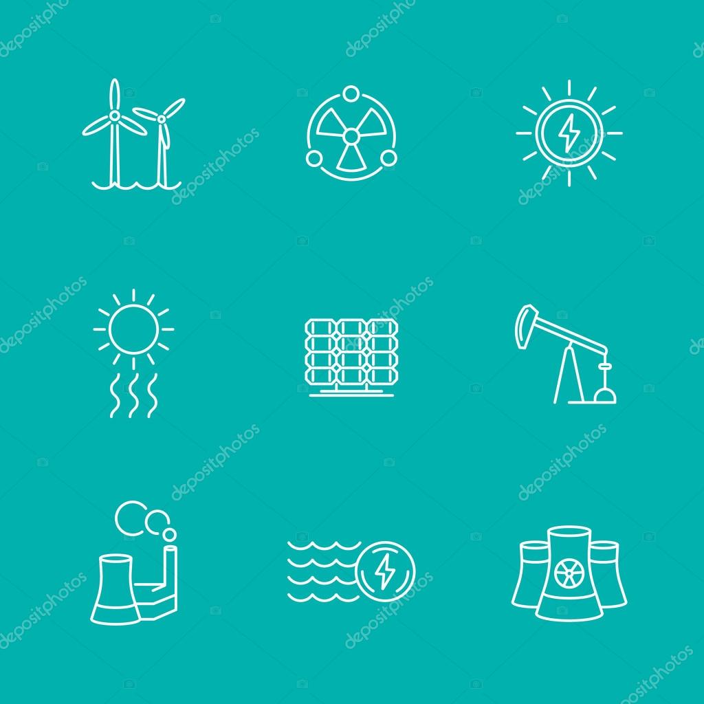 Power, energy production, nuclear energetics, electric industry, line icons, vector illustration