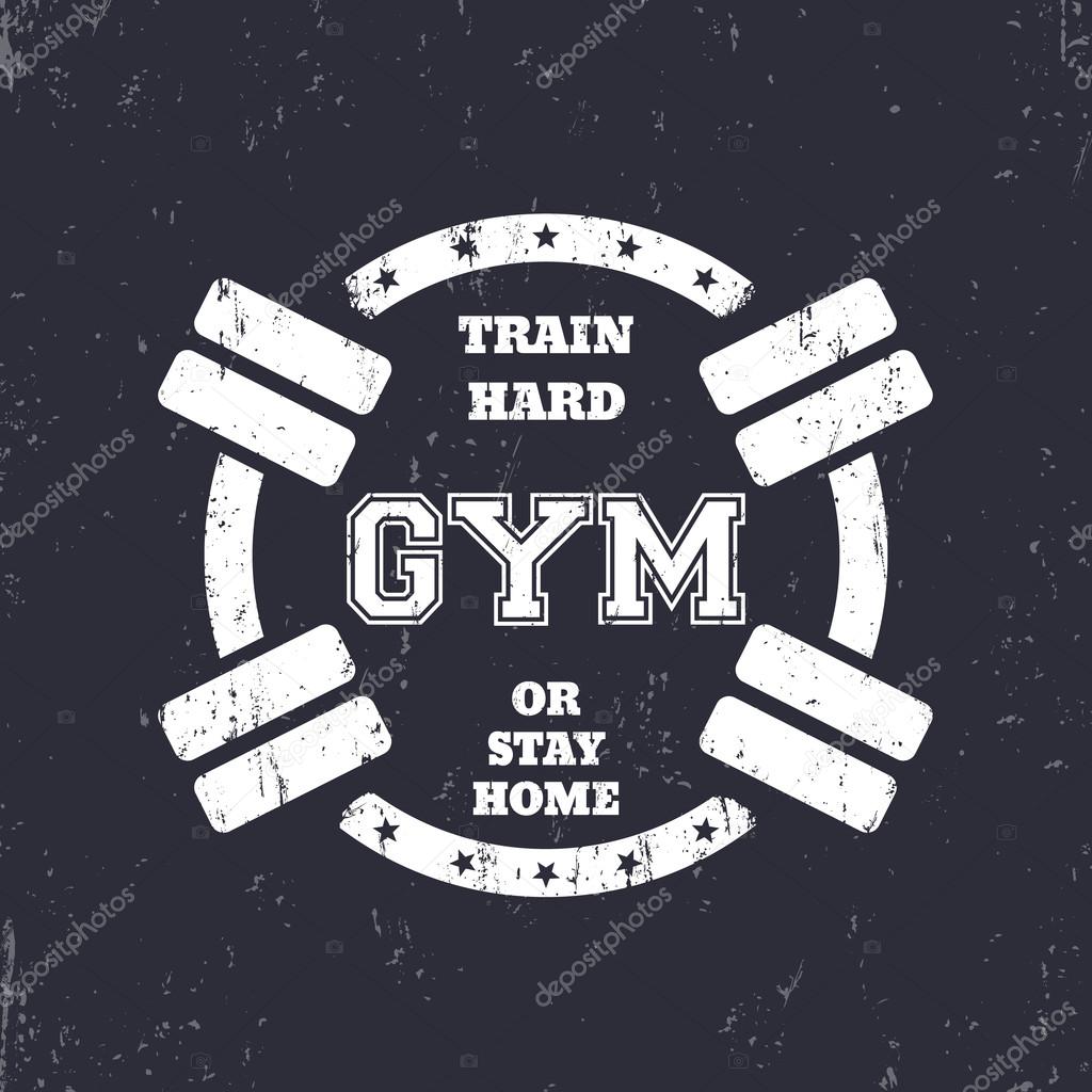 Round grunge gym t-shirt design, white print with dumbbells, vector illustration