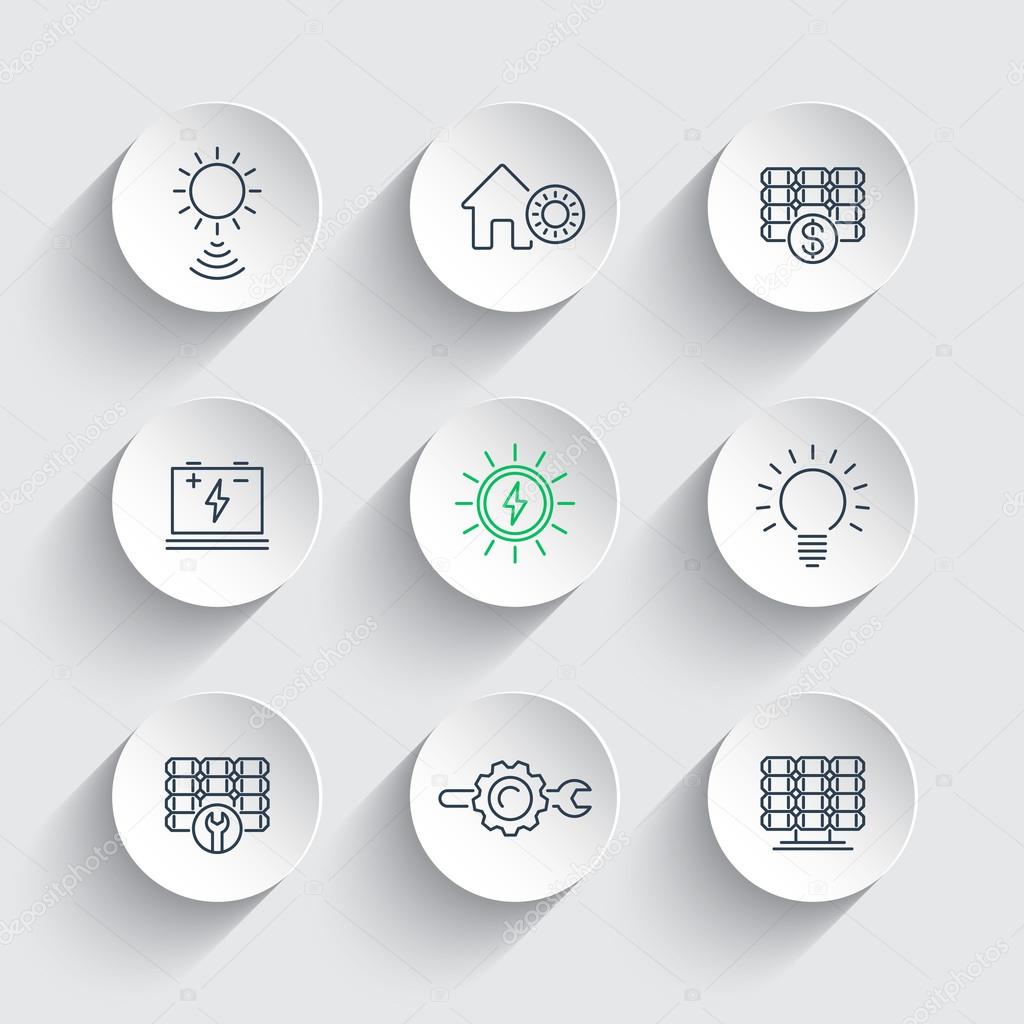 Solar energy, solar power, panels, line icons on round 3d shapes