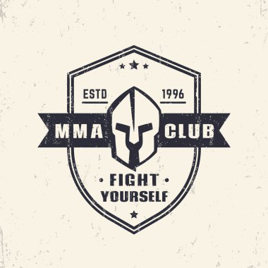 MMA Club vintage shield shape emblem, logo with spartan helmet, vector illustration