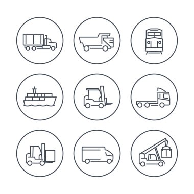 Transportation line icons in circles, Forklift, Cargo ship, Freight train, Cargo truck, vector illustration