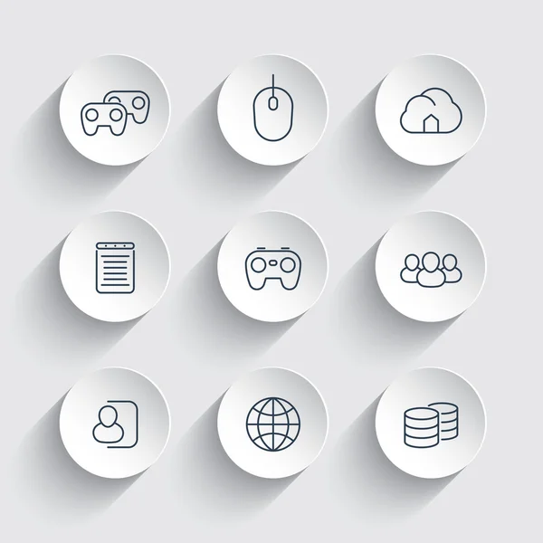 Videogames, cooperative, multiplayer, gaming, line icons on round 3d shapes, vector illustration — 스톡 벡터