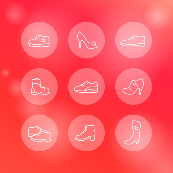 Shoes, heels, women shoes, boots, trainers, child shoes line round white icons, vector illustration — 스톡 벡터