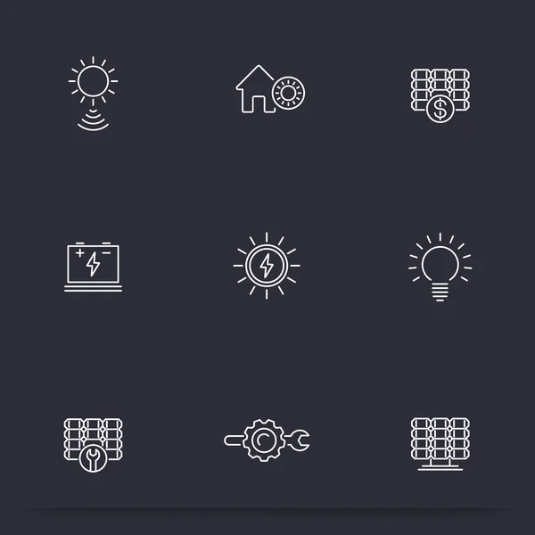 Energía solar, energía solar, paneles, iconos de línea delgada, ilustración vectorial — Vector de stock