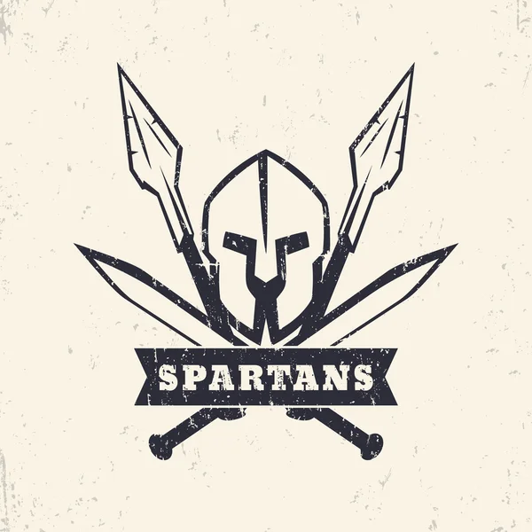 Espartanos, logo grunge, emblema con casco, espadas cruzadas y lanzas, ilustración vectorial — Archivo Imágenes Vectoriales