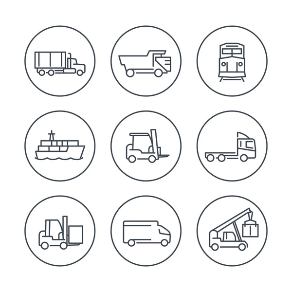 Transportation line icons in circles, Forklift, Cargo ship, Freight train, Cargo truck, vector illustration — Διανυσματικό Αρχείο