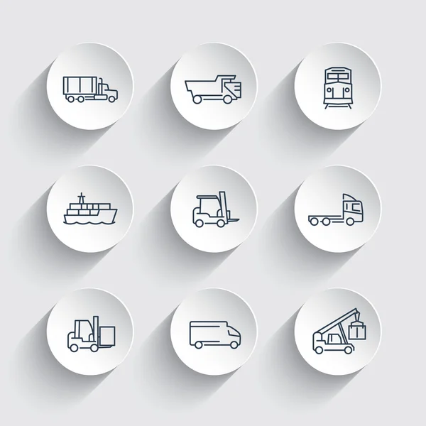 Transportation line icons on round 3d shapes, Forklift, Cargo ship, Freight train, Cargo truck, vector illustration — Stock vektor