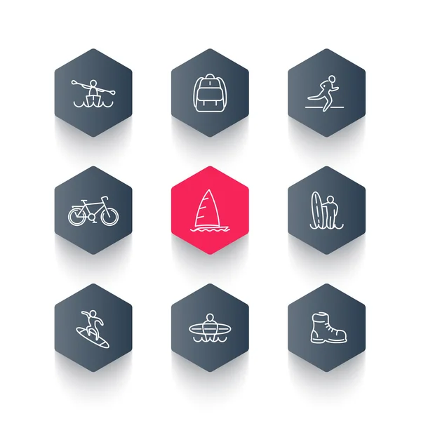 Viaje, aventura, surf, kayak viaje línea hexágono iconos, vector de ilustración — Vector de stock