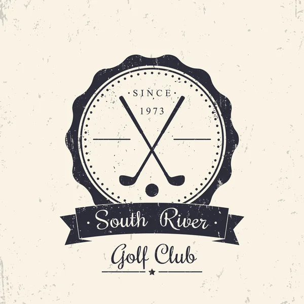 Golf club grunge logotipo vintage, emblema, con los clubes de golf cruzados, vector de ilustración — Vector de stock