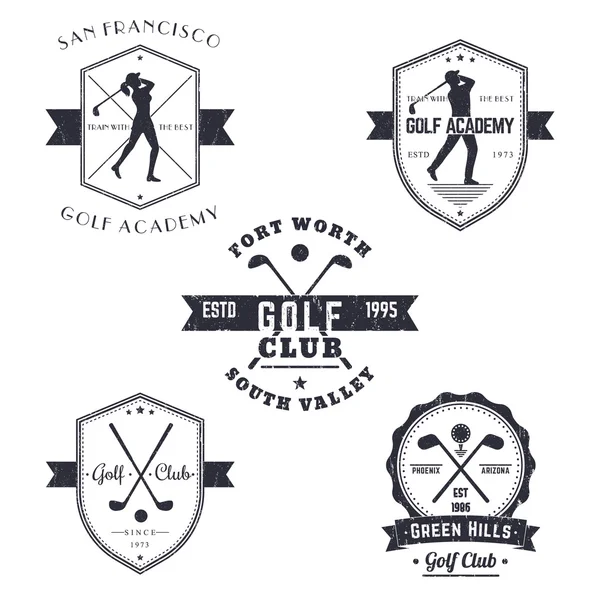 Club de golf, emblemas vintage de la Academia de Golf, logotipos, signos, golfista, clubes de golf cruzados y pelota, con textura grunge, ilustración vectorial — Vector de stock