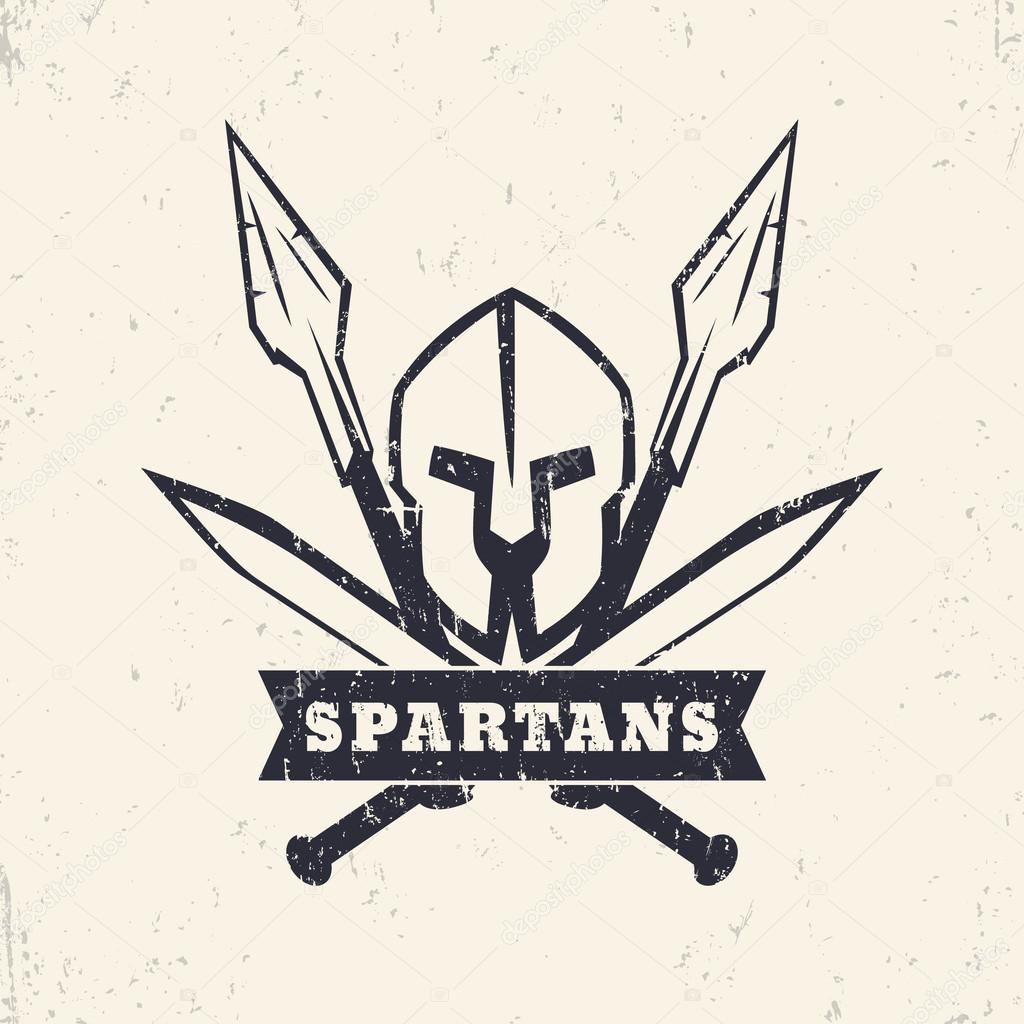 Spartans, grunge logo, emblem with helmet, crossed swords and spears, vector illustration