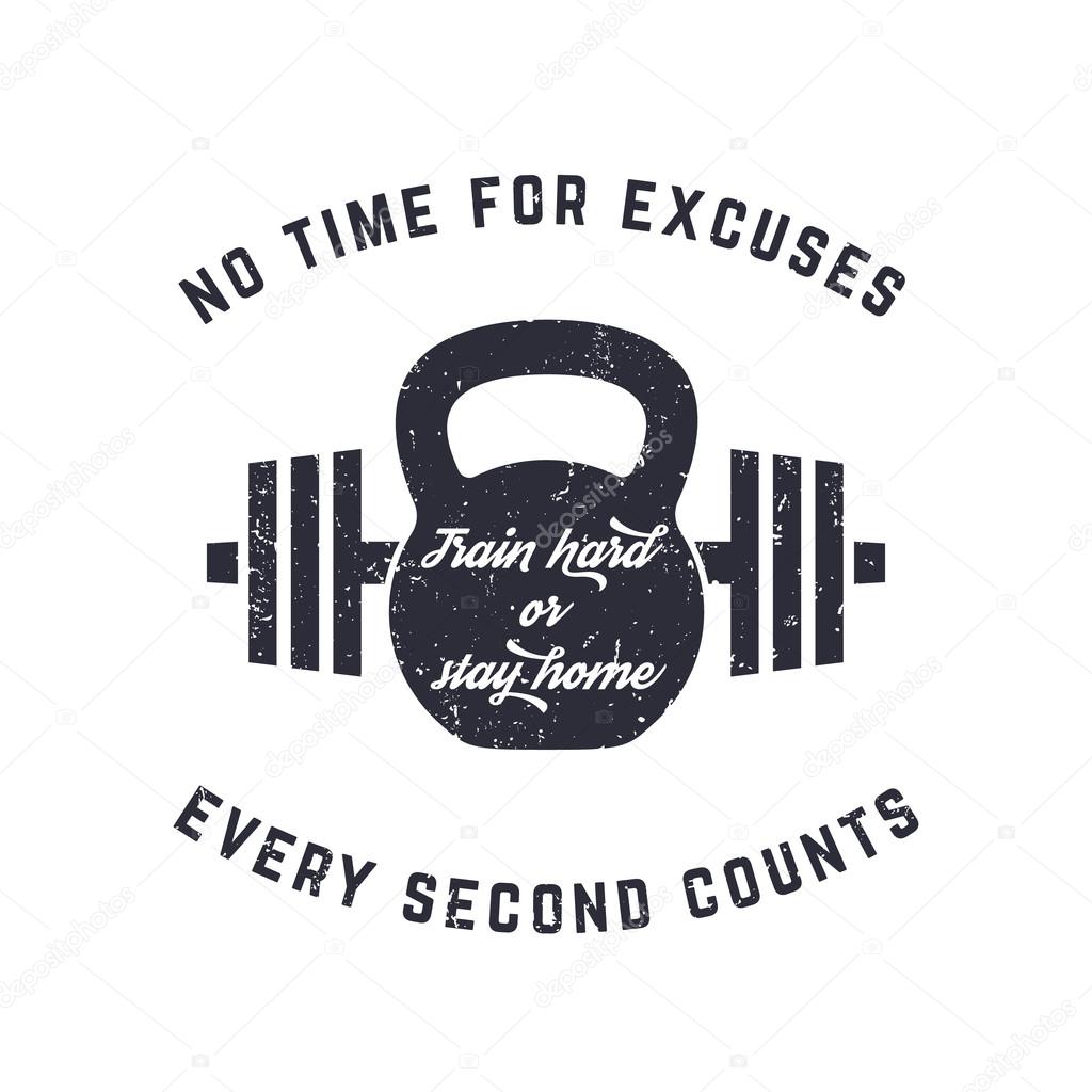 Train hard, vintage t-shirt design, print, kettlebell and barbell, with grunge texture, vector illustration