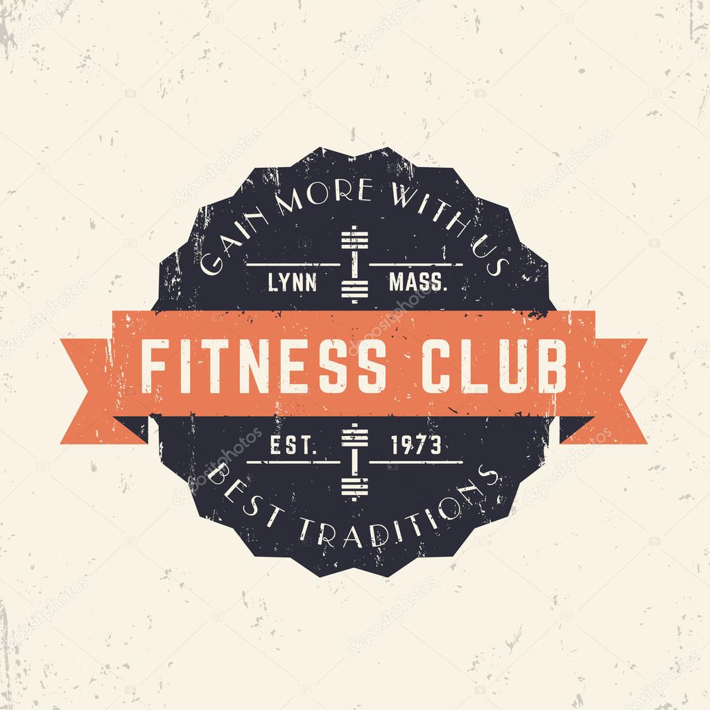 Vintage Fitness Club logo, badge with grunge texture, vector illustration