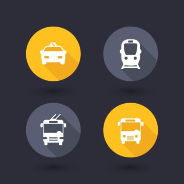 City transport, round flat icons, subway, taxi, bus, trolleybus, vector illustration