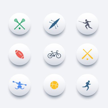College sports, activities, round colored icons, vector illustration