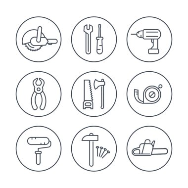 construction tools line icons in circles, vector illustration