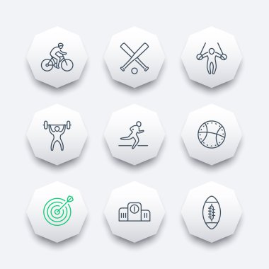 different kind of sports, line octagon icons, vector illustration