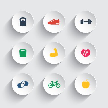 Fitness icons on round 3d shapes, vector illustration